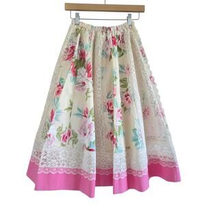 Vintage 70s Carefree Fashion Lace Floral Flare Midi Skirt S/M Cottage Coquette